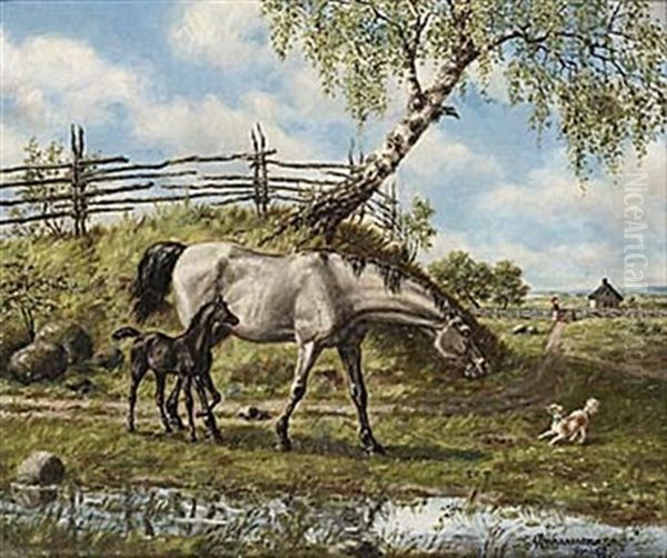 Hastar I Sommarlandskap Oil Painting by Stan Gustaf Herman Ankarcrona