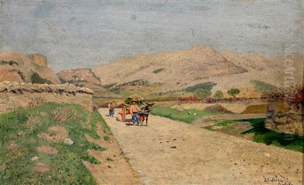 Dalmatinische Landstrase. Sudliche Landschaft Mit Eselskarren Und Personenstaffage Oil Painting by Eugen Ankelen