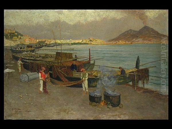 Golf Von Neapel Mit Fischern Am Strand, Im Hintergrund Rauchender Vesuv Oil Painting by Eugen Ankelen