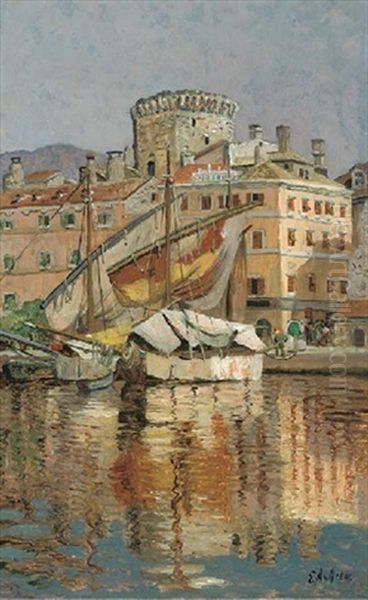 The Harbour At Spoleto, Italy Oil Painting by Eugen Ankelen