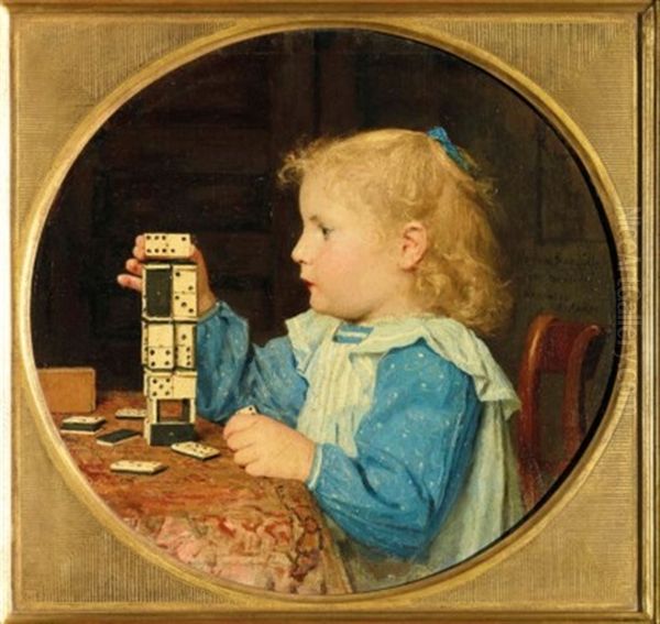 Madchen, Mit Dominosteinen Spielend Oil Painting by Albert Anker