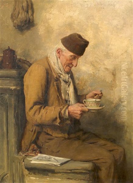 Alter Mann Beim Teetrinken Oil Painting by Albert Anker