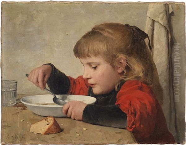 Suppe Essendes Madchen - Madeli Oil Painting by Albert Anker