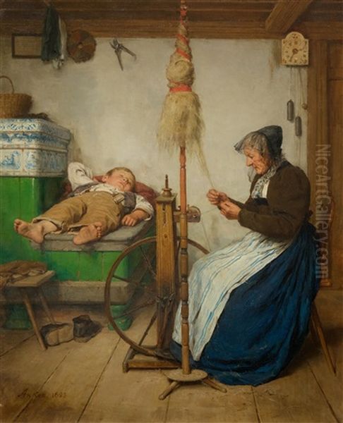 A Grandmother At A Spinning Wheel And A Sleeping Boy On An Oven Bench Oil Painting by Albert Anker