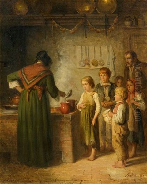 Soup For The Poor Oil Painting by Albert Anker