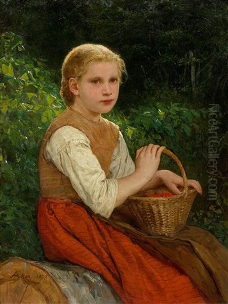 Girl With A Basket In The Woods (erdbeerimareili) Oil Painting by Albert Anker