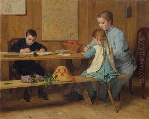 Kinder Bei Den Hausaufgaben Oil Painting by Albert Anker