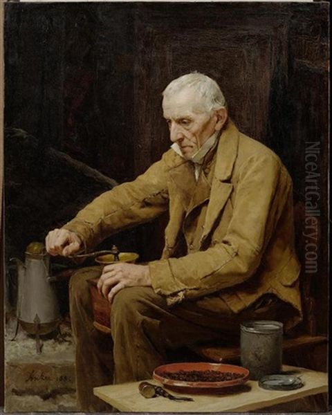 Alter Mann Mit Kaffeemuhle Oil Painting by Albert Anker