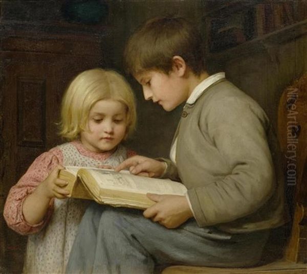 Knabe Und Madchen Mit Bilderbuch Oil Painting by Albert Anker