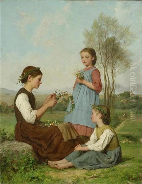 Drei Madchen Beim Kranzewinden Oil Painting by Albert Anker