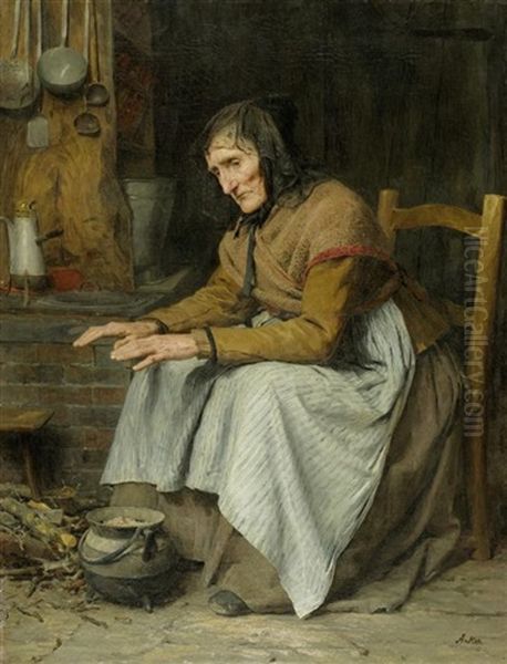 Hohes Alter Ii (alte Frau Sich Aufwarmend) Oil Painting by Albert Anker