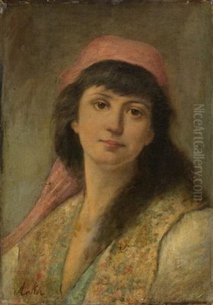 Jeune Femme Au Foulard Rouge Oil Painting by Albert Anker