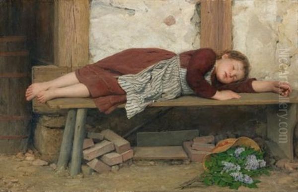 Schlafendes Madchen Auf Einer Holzbank (sleeping Girl On A Wooden Bench) by Albert Anker