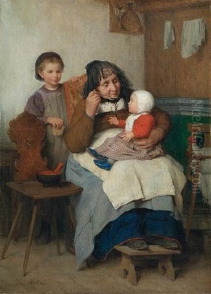 Grossmutter, Ihrem Enkelkind Die Suppe Gebend (grandmother Spooning The Soup To Her Grandchild) Oil Painting by Albert Anker