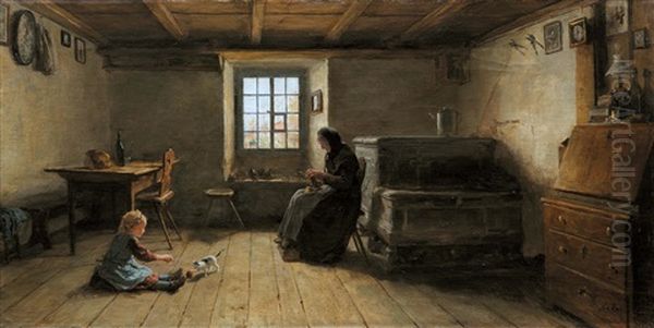 Grossmutter Mit Enkelin Oil Painting by Albert Anker