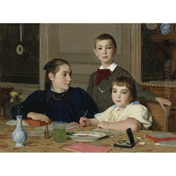 Die Geschwister Zaeslin - The Zaeslin Siblings (+ Rosy Zaeslin, Smllr, Study, Work On Paper; 2 Works) Oil Painting by Albert Anker