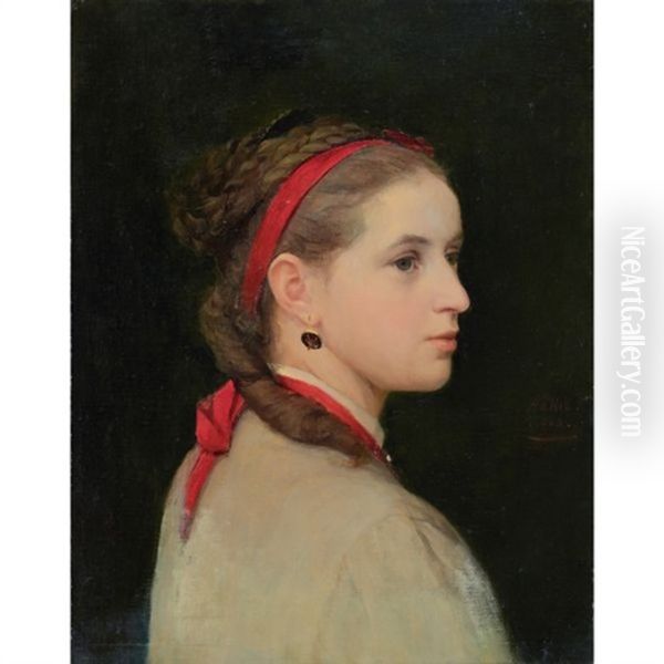 Madchen Mit Roter Haarschleife (girl With Red Hair Ribbon) Oil Painting by Albert Anker