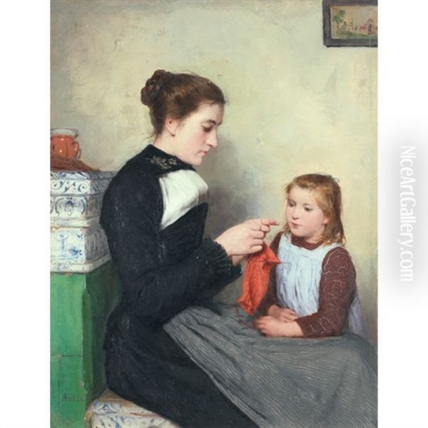 Strickende Bernerin Mit Kind (knitting Bernese Woman With Child) Oil Painting by Albert Anker