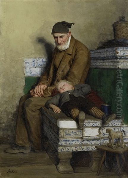 Der Alte Feissli Mit Kind Auf Ofenbank Oil Painting by Albert Anker