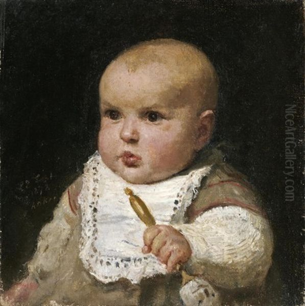 Kleinkind Mit Rassel (infant With Rattle) Oil Painting by Albert Anker