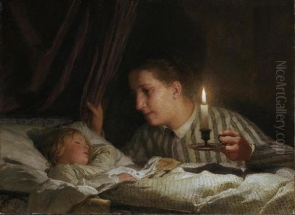 Junge Mutter, Bei Kerzenlicht Ihr Schlafendes Kind Betrachtend (young Mother Watching Her Sleeping Child By The Candlelight) Oil Painting by Albert Anker