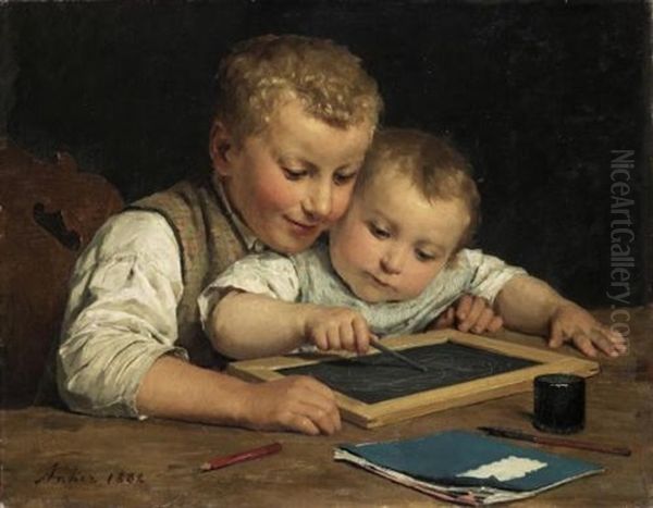 Zwei Kinder Mit Schiefertafel Oil Painting by Albert Anker