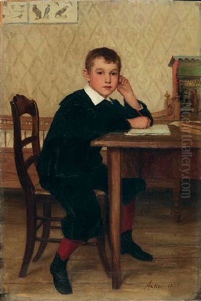 Alfred Zuber Am Tisch Sitzend Oil Painting by Albert Anker