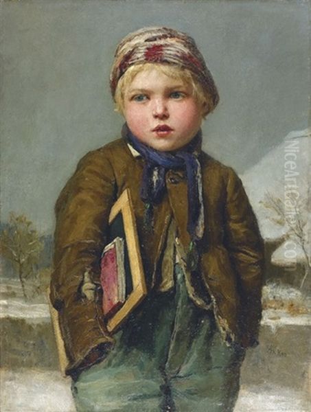 Schulknabe Mit Schiefertafel In Schneelandschaft Oil Painting by Albert Anker