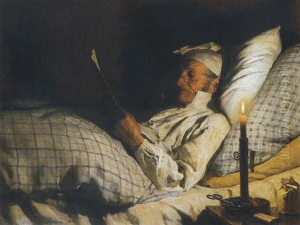 Bauer, Im Bett Lesend I Oil Painting by Albert Anker