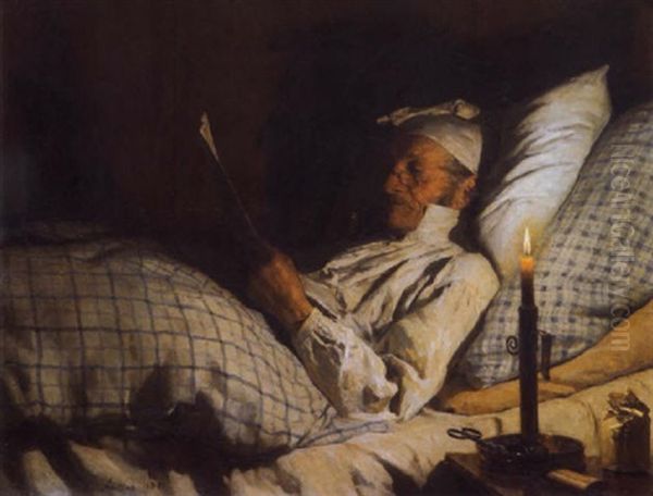 Bauer, Im Bett Lesend I Oil Painting by Albert Anker