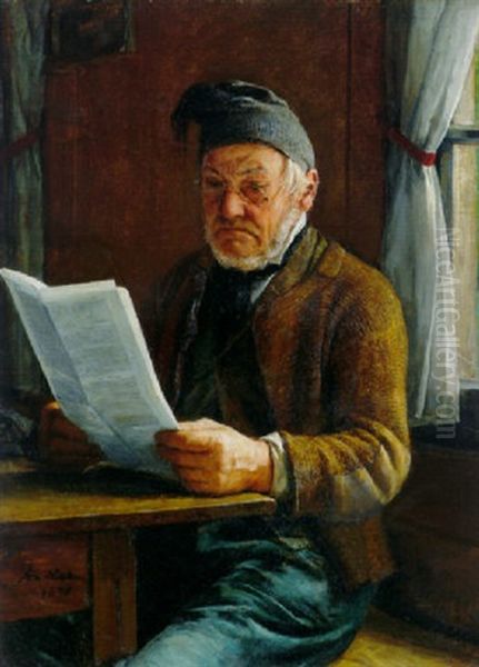 Lisant Le Journal Oil Painting by Albert Anker