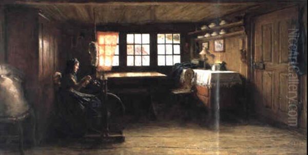 Bauernstube Mit Frau Am Spinnrad Oil Painting by Albert Anker