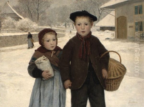 Zwei Kleine Botenganger Im Winter Oil Painting by Albert Anker