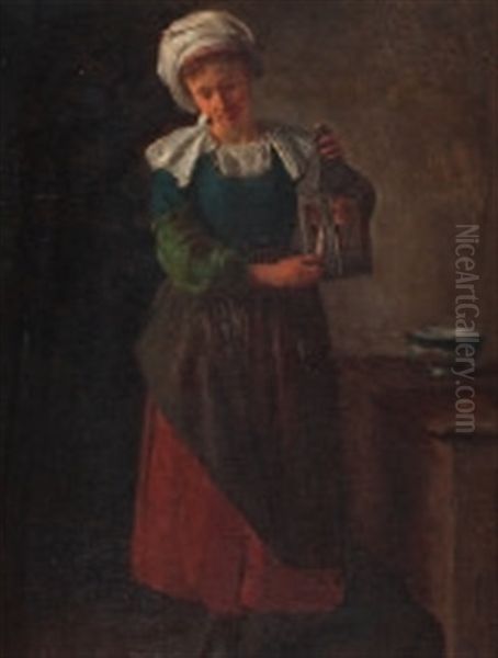 Junge Frau In Tracht Beim Anzunden Einer Laterne Oil Painting by Hermanus-Franciscus van den Anker