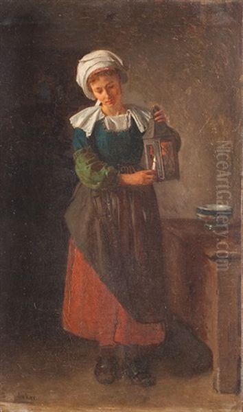 Junge Frau In Tracht Beim Anzunden Einer Laterne Oil Painting by Hermanus-Franciscus van den Anker