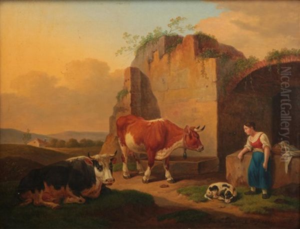 Cattle And Horses Oil Painting by Johann Baptist Anker