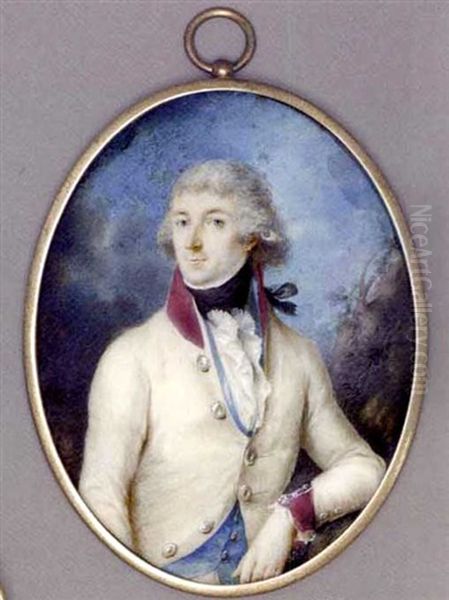 A Young Austrian Officer With His Left Elbow Leaning Against A Tree, In White Coat With Purple Collar And Cuffs, Light Blue Waistcoat, Frilled Cravat And Black Stock, Powdered Hair Oil Painting by Johann Baptist Anker