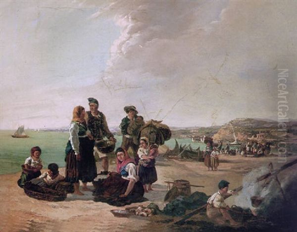 Fisherfolk On A Beach Before A Coastal Town Oil Painting by Thomas Jose Annunciacao