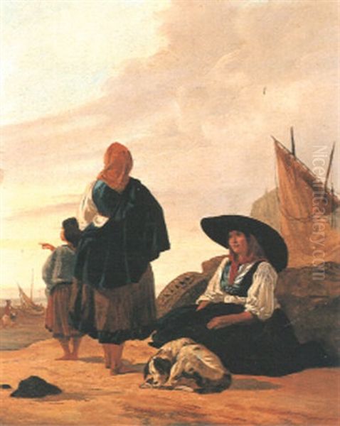 Fisherfolk On A Beach Oil Painting by Thomas Jose Annunciacao