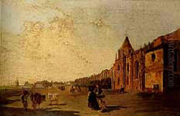 Figures And Cattle On A Street Before A Harbour Town Oil Painting by Thomas Jose Annunciacao