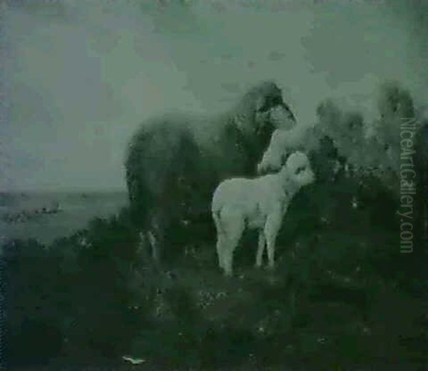 A Ewe With Her Lamb In A Landscape Oil Painting by Thomas Jose Annunciacao