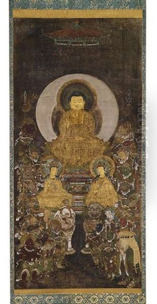 Buddhistische Malerei Mit Der Darstellung Des Buddha Shakyamuni Mit Begleitfiguren Oil Painting by  Anonymous-Japanese (Muromachi)