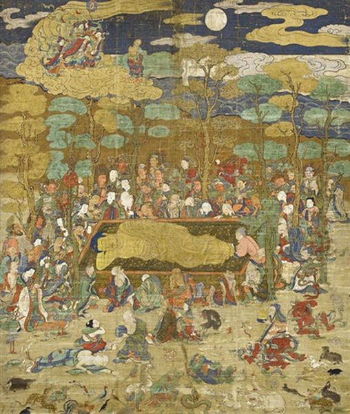 Untitled (the Death Of The Historical Buddha Ahakyamuni (nehanzu), Showing Numerous Lay Persons, Monks, Deities, Birds And Animals) Oil Painting by  Anonymous-Japanese (Muromachi)