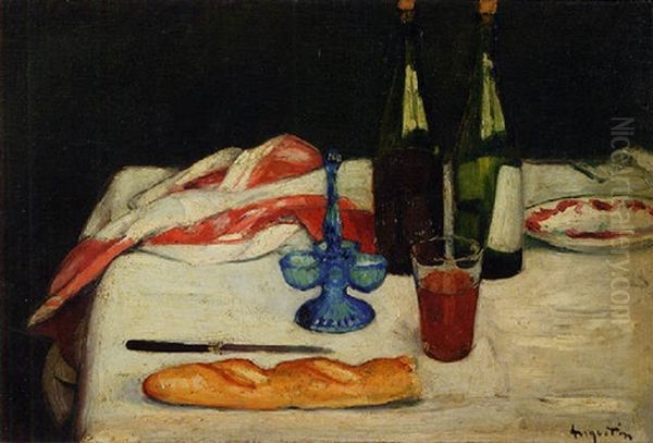 Bouteilles De Vin, Saliere Et Pain Sur Une Nappe Blanche Oil Painting by Louis Anquetin