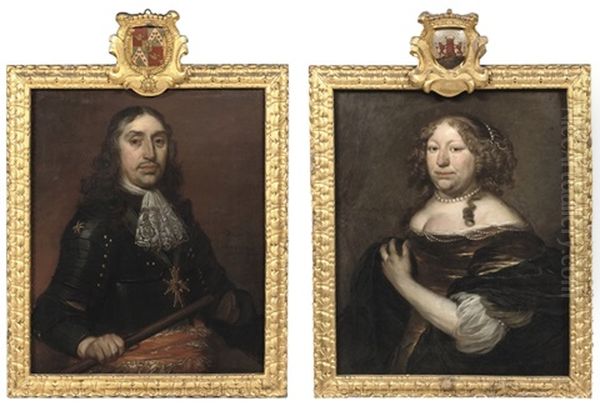 Portait Of Hendrik De Sandra In Black Armour And A White Lace Jabot (+ Portrait Of Margaretha De Sandra; Pair) Oil Painting by Pieter van Anraedt