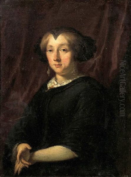 Portrait Of A Lady, Standing Small Half-length By A Draped Curtain, Wearing Widow's Weeds Oil Painting by Pieter van Anraedt