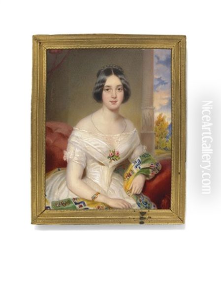 A Lady In White Dress, Seated In An Interior Oil Painting by Alois Von Anreiter