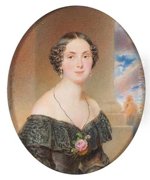 A Portrait Of A Lady In A Black Lace Dress And With A Rose In Her Decollete Oil Painting by Alois Von Anreiter