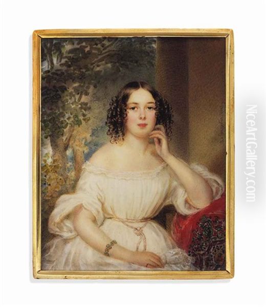 A Young Lady In Off-the-shoulders White Dress, Seated, Her Arm Resting On A Red Cashmere Shawl, Landscape Background by Alois Von Anreiter