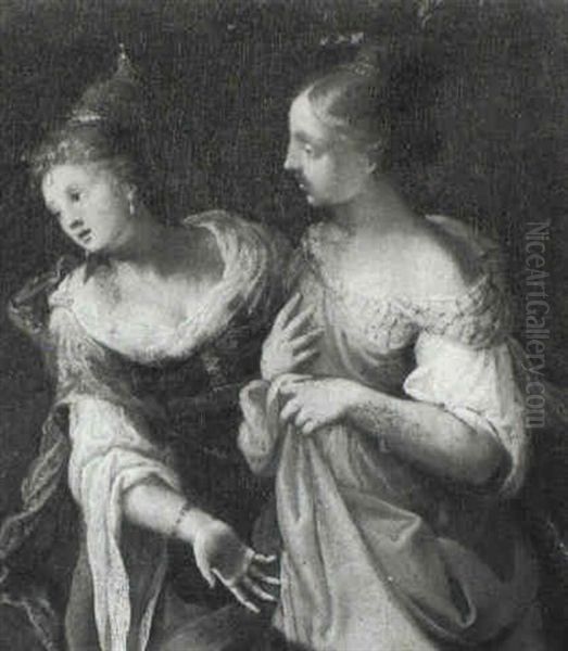 Two Elegant Ladies Discoursing Oil Painting by Giovanni Andrea Ansaldo